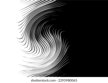 Smooth transition from black to white with abstract curved lines similar to hair. For web design, digital printing, printing, textiles, wallpaper, interior decor, packaging. Trendy vector background