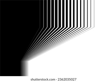 A smooth transition from black to white with long lines with a perspective effect. Monochrome striped pattern. Trendy vector background