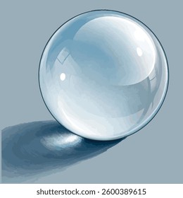 A smooth, translucent sphere made of clear, light gray 3D glass rests centrally, reflecting a muted gray background Vector illustration. The minimalist, serene composition evokes purity and elegance.