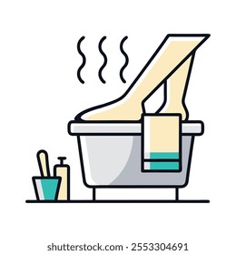 Diseño suave del Vector del baño del pie con la pierna sumergida en agua caliente.