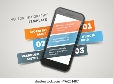 Smooth Vector Infographic Template With A Smartphone And Three Ribbon Copyspaces. Placeholders For Text, Headers And Numbers. Cool Bulleted List Presentation Layout. Realistic Lights And Shadows.