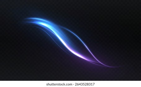 Smooth vector light pulsating wave in blue and purple tones with dynamic glow and soft fading effect. Elegant motion stripe curve on dark background for sci-fi interfaces or energy visuals.