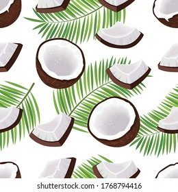 Smooth vector pattern with coconuts, coconut pieces, palm leaves