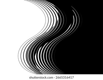 Smooth vector transition from black to white. Abstract wave of thin lines. Design element for covers, advertising, packaging, video. Modern vector background. Striped pattern. hair
