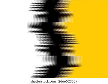 Transição suave de vetor de amarelo-preto para branco. Piscando, estropiando. Elemento de design. Fundo de vetor de linhas para capas, publicidade, embalagem, interior. Onda listrada de linhas