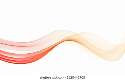 Onda vetorial suave em vermelho e laranja em um fundo branco, curvas elegantes com linhas finas e fluxo gradiente quente.