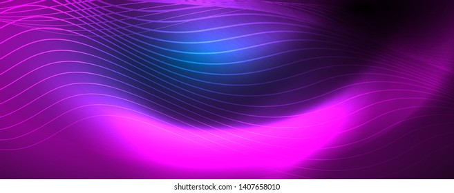 Smooth wave lines on blue neon color light background. Glowing abstract wave on dark, shiny motion, magic space light. Vector techno abstract background, blue color