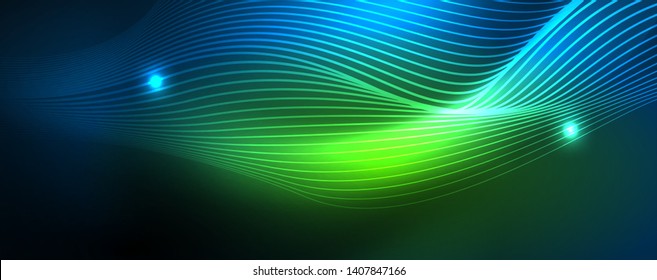 Smooth wave lines on blue neon color light background. Glowing abstract wave on dark, shiny motion, magic space light. Vector techno abstract background, blue color