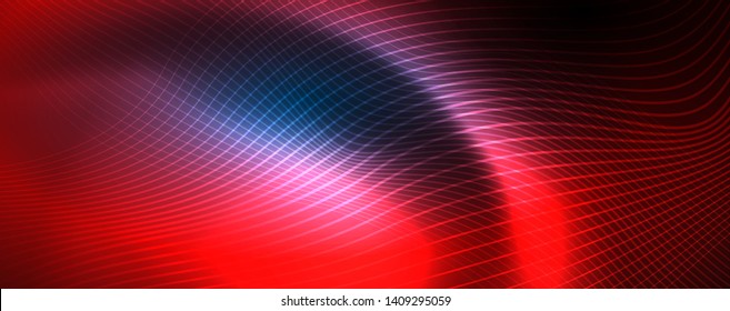 Líneas de onda suaves sobre fondo de luz de neón azul. Ola abstracta brillante en movimiento oscuro y brillante, luz espacial mágica. Fondo abstracto vectorial techno, color azul