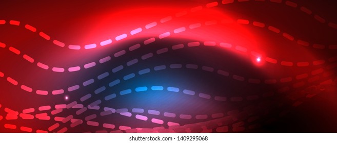 Líneas de onda suaves sobre fondo de luz de neón azul. Ola abstracta brillante en movimiento oscuro y brillante, luz espacial mágica. Fondo abstracto vectorial techno, color azul