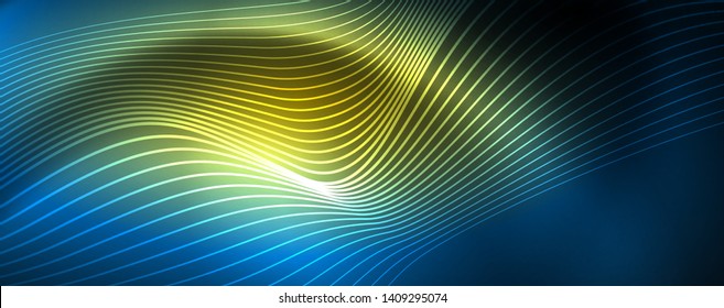 Smooth wave lines on blue neon color light background. Glowing abstract wave on dark, shiny motion, magic space light. Vector techno abstract background, blue color