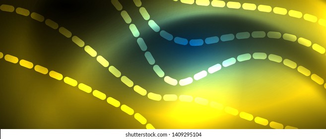 Líneas de onda suaves sobre fondo de luz de neón azul. Ola abstracta brillante en movimiento oscuro y brillante, luz espacial mágica. Fondo abstracto vectorial techno, color azul