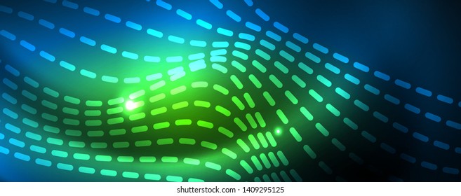 Glatte Wellenlinien auf blauem neonfarbigem hellen Hintergrund. Glühende abstrakte Welle auf dunkler, glänzender Bewegung, zauberhaftes Raumlicht. Abstrakter Vektor-Techno-Hintergrund, blaue Farbe