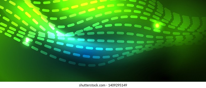 Líneas de onda suaves sobre fondo de luz de neón azul. Ola abstracta brillante en movimiento oscuro y brillante, luz espacial mágica. Fondo abstracto vectorial techno, color azul