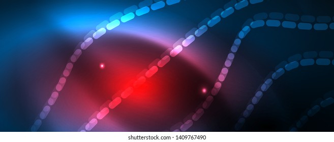 Smooth wave lines on blue neon color light background. Glowing abstract wave on dark, shiny motion, magic space light. Vector techno abstract background, blue color