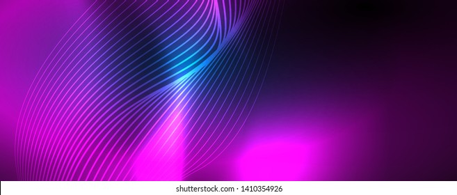 Smooth wave lines on blue neon color light background. Glowing abstract wave on dark, shiny motion, magic space light. Vector techno abstract background, blue color