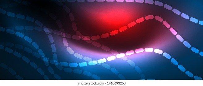 Líneas de onda suaves sobre fondo de luz de neón azul. Ola abstracta brillante en movimiento oscuro y brillante, luz espacial mágica. Fondo abstracto vectorial techno, color azul