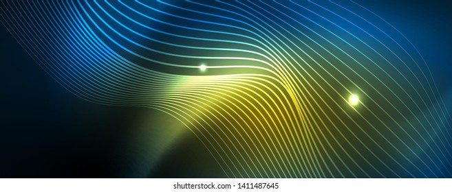 Líneas de onda suaves sobre fondo de luz de neón azul. Ola abstracta brillante en movimiento oscuro y brillante, luz espacial mágica. Fondo abstracto vectorial techno, color azul
