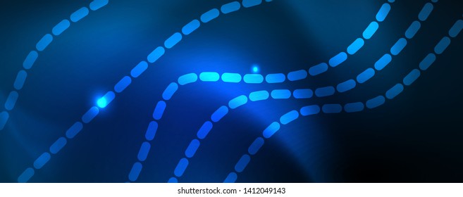Líneas de onda suaves sobre fondo de luz de neón azul. Ola abstracta brillante en movimiento oscuro y brillante, luz espacial mágica. Fondo abstracto vectorial techno, color azul