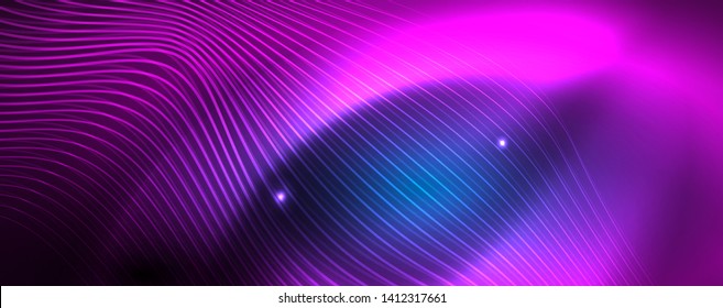 Smooth wave lines on blue neon color light background. Glowing abstract wave on dark, shiny motion, magic space light. Vector techno abstract background, blue color