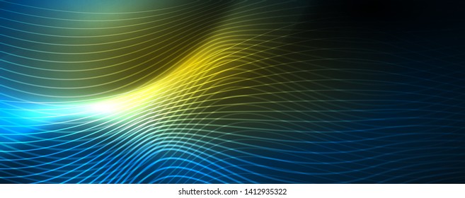 Smooth wave lines on blue neon color light background. Glowing abstract wave on dark, shiny motion, magic space light. Vector techno abstract background, blue color