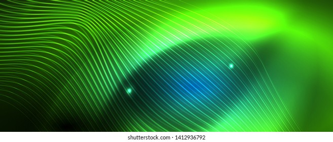 Líneas de onda suaves sobre fondo de luz de neón azul. Ola abstracta brillante en movimiento oscuro y brillante, luz espacial mágica. Fondo abstracto vectorial techno, color azul