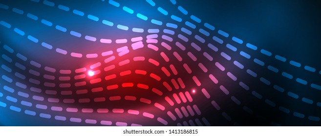 Smooth wave lines on blue neon color light background. Glowing abstract wave on dark, shiny motion, magic space light. Vector techno abstract background, blue color