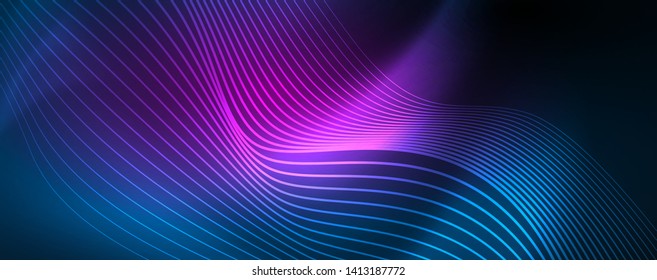Smooth wave lines on blue neon color light background. Glowing abstract wave on dark, shiny motion, magic space light. Vector techno abstract background, blue color