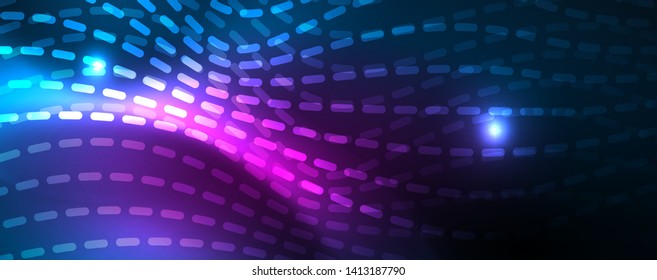 Smooth wave lines on blue neon color light background. Glowing abstract wave on dark, shiny motion, magic space light. Vector techno abstract background, blue color