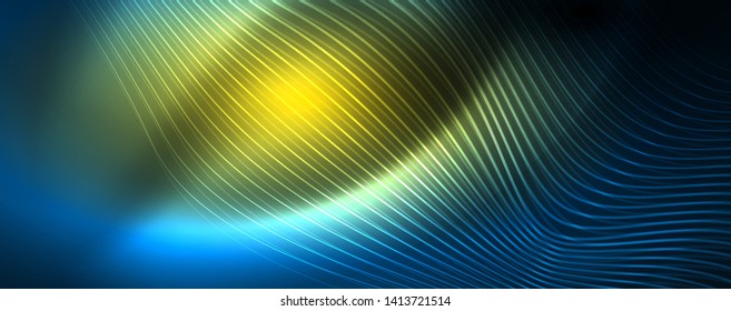 Smooth wave lines on blue neon color light background. Glowing abstract wave on dark, shiny motion, magic space light. Vector techno abstract background, blue color
