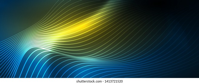 Smooth wave lines on blue neon color light background. Glowing abstract wave on dark, shiny motion, magic space light. Vector techno abstract background, blue color