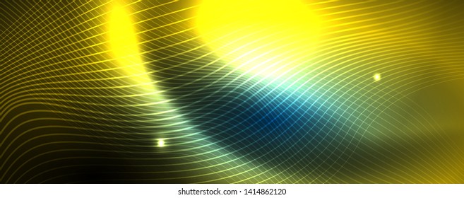 Líneas de onda suaves sobre fondo de luz de neón azul. Ola abstracta brillante en movimiento oscuro y brillante, luz espacial mágica. Fondo abstracto vectorial techno, color azul