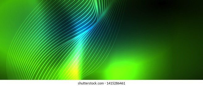 Líneas de onda suaves sobre fondo de luz de neón azul. Ola abstracta brillante en movimiento oscuro y brillante, luz espacial mágica. Fondo abstracto vectorial techno, color azul