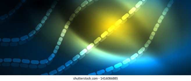 Líneas de onda suaves sobre fondo de luz de neón azul. Ola abstracta brillante en movimiento oscuro y brillante, luz espacial mágica. Fondo abstracto vectorial techno, color azul