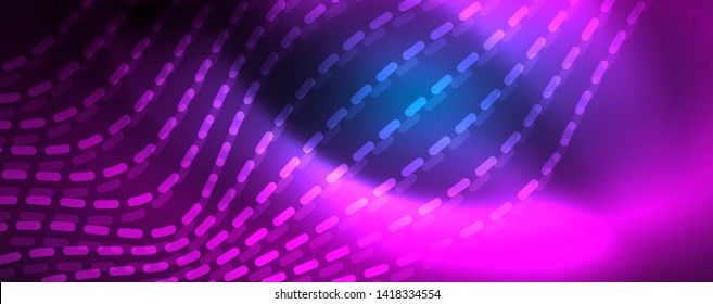 Smooth wave lines on blue neon color light background. Glowing abstract wave on dark, shiny motion, magic space light. Vector techno abstract background, blue color