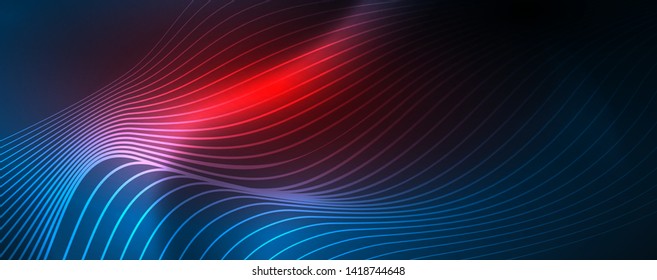 Líneas de onda suaves sobre fondo de luz de neón azul. Ola abstracta brillante en movimiento oscuro y brillante, luz espacial mágica. Fondo abstracto vectorial techno, color azul