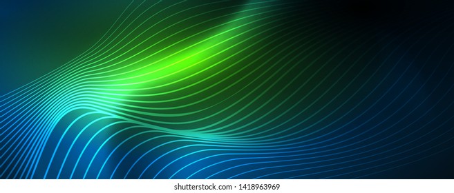 Smooth wave lines on blue neon color light background. Glowing abstract wave on dark, shiny motion, magic space light. Vector techno abstract background, blue color