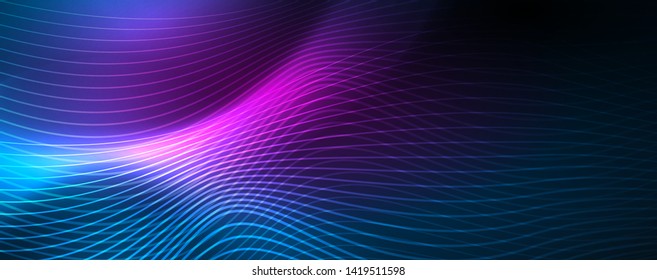 Smooth wave lines on blue neon color light background. Glowing abstract wave on dark, shiny motion, magic space light. Vector techno abstract background, blue color