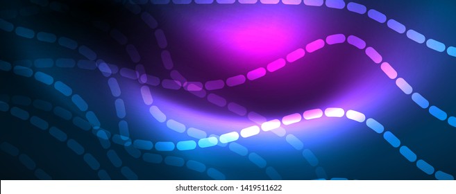 Líneas de onda suaves sobre fondo de luz de neón azul. Ola abstracta brillante en movimiento oscuro y brillante, luz espacial mágica. Fondo abstracto vectorial techno, color azul