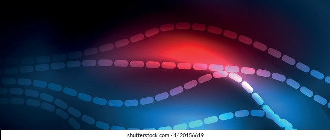 Líneas de onda suaves sobre fondo de luz de neón azul. Ola abstracta brillante en movimiento oscuro y brillante, luz espacial mágica. Fondo abstracto vectorial techno, color azul