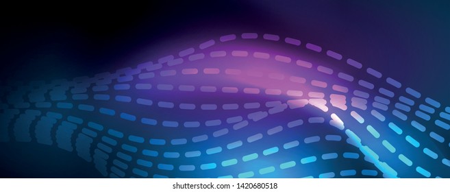 Líneas de onda suaves sobre fondo de luz de neón azul. Ola abstracta brillante en movimiento oscuro y brillante, luz espacial mágica. Fondo abstracto vectorial techno, color azul