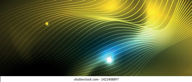 Líneas de onda suaves sobre fondo de luz de neón azul. Ola abstracta brillante en movimiento oscuro y brillante, luz espacial mágica. Fondo abstracto vectorial techno, color azul