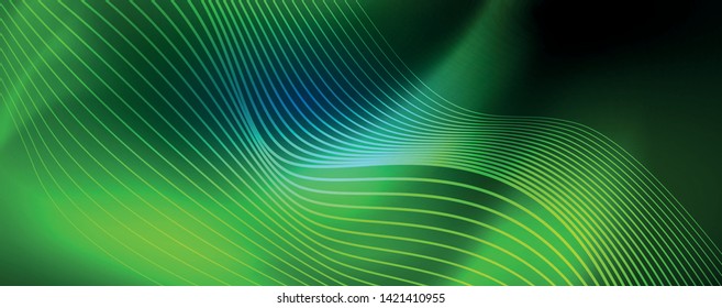 Smooth wave lines on blue neon color light background. Glowing abstract wave on dark, shiny motion, magic space light. Vector techno abstract background, blue color