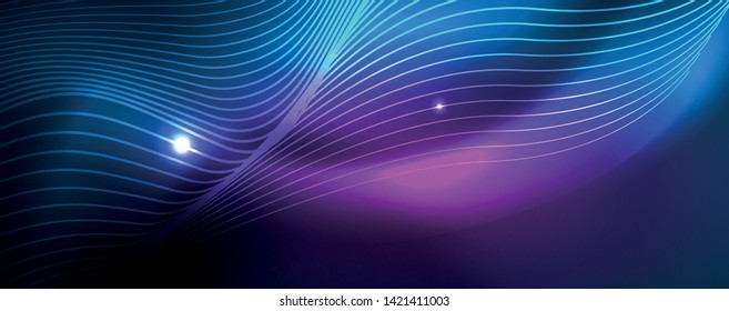 Smooth wave lines on blue neon color light background. Glowing abstract wave on dark, shiny motion, magic space light. Vector techno abstract background, blue color