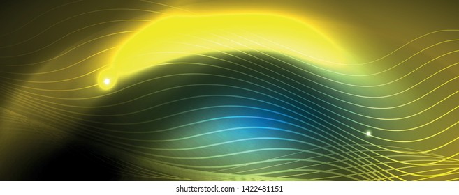 Líneas de onda suaves sobre fondo de luz de neón azul. Ola abstracta brillante en movimiento oscuro y brillante, luz espacial mágica. Fondo abstracto vectorial techno, color azul