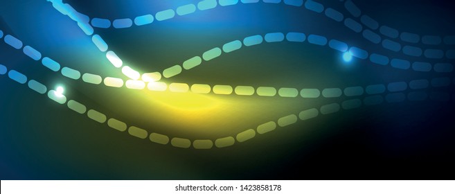 Smooth wave lines on blue neon color light background. Glowing abstract wave on dark, shiny motion, magic space light. Vector techno abstract background, blue color
