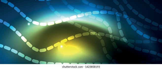 Smooth wave lines on blue neon color light background. Glowing abstract wave on dark, shiny motion, magic space light. Vector techno abstract background, blue color