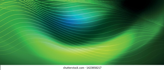 Smooth wave lines on blue neon color light background. Glowing abstract wave on dark, shiny motion, magic space light. Vector techno abstract background, blue color