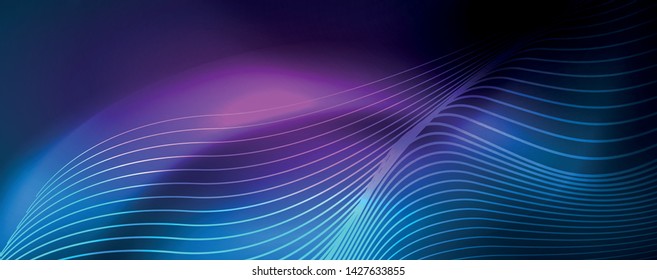 Smooth wave lines on blue neon color light background. Glowing abstract wave on dark, shiny motion, magic space light. Vector techno abstract background, blue color