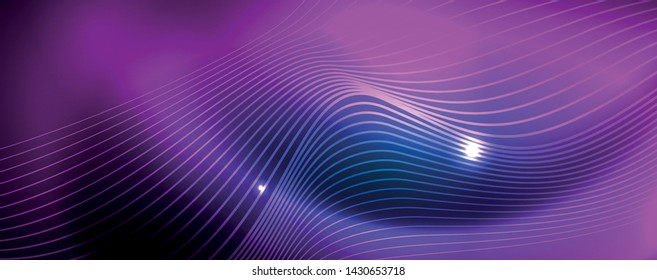 Smooth wave lines on blue neon color light background. Glowing abstract wave on dark, shiny motion, magic space light. Vector techno abstract background, blue color